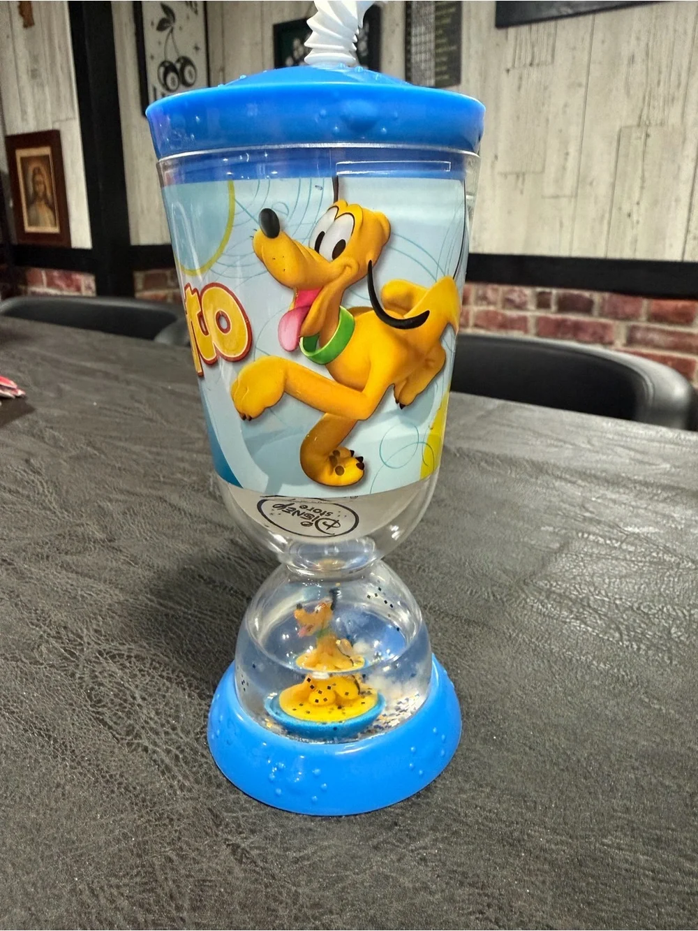 Vintage Disney Pluto Blue & Yellow Plastic Kids Party Cup with Lid and Straw